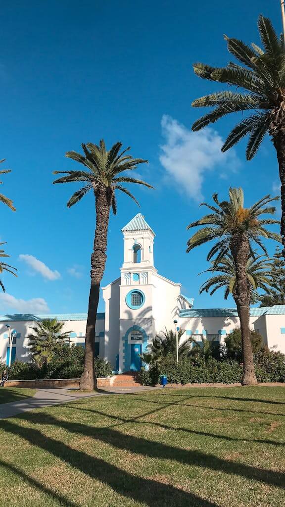 Beautiful architectural building in Rincón, Morocco, framed by tall palm trees against a clear blue sky.
